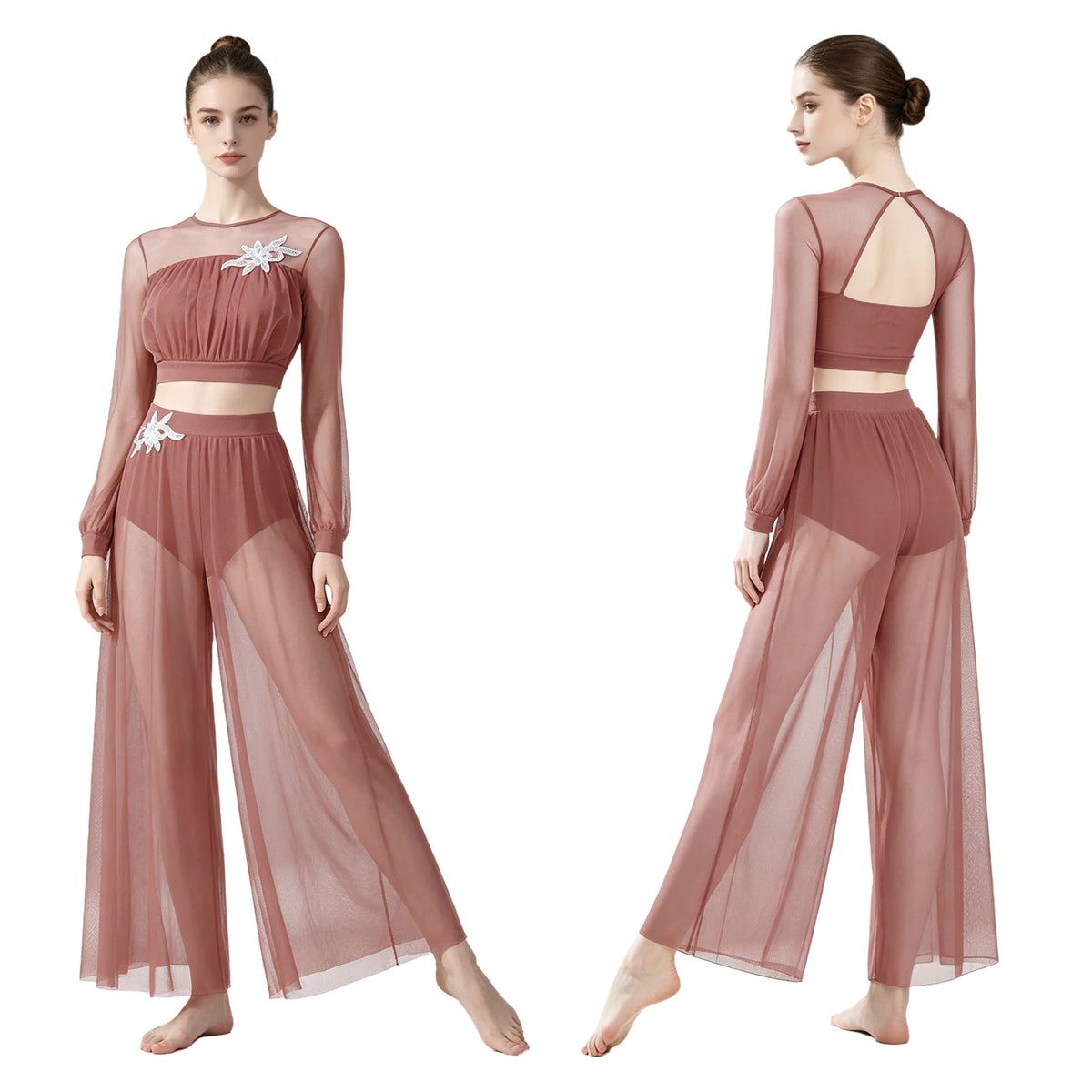 Rhinestone Crop Top & Sheer Pants Set | Lyrical Dance | Built-In Brief