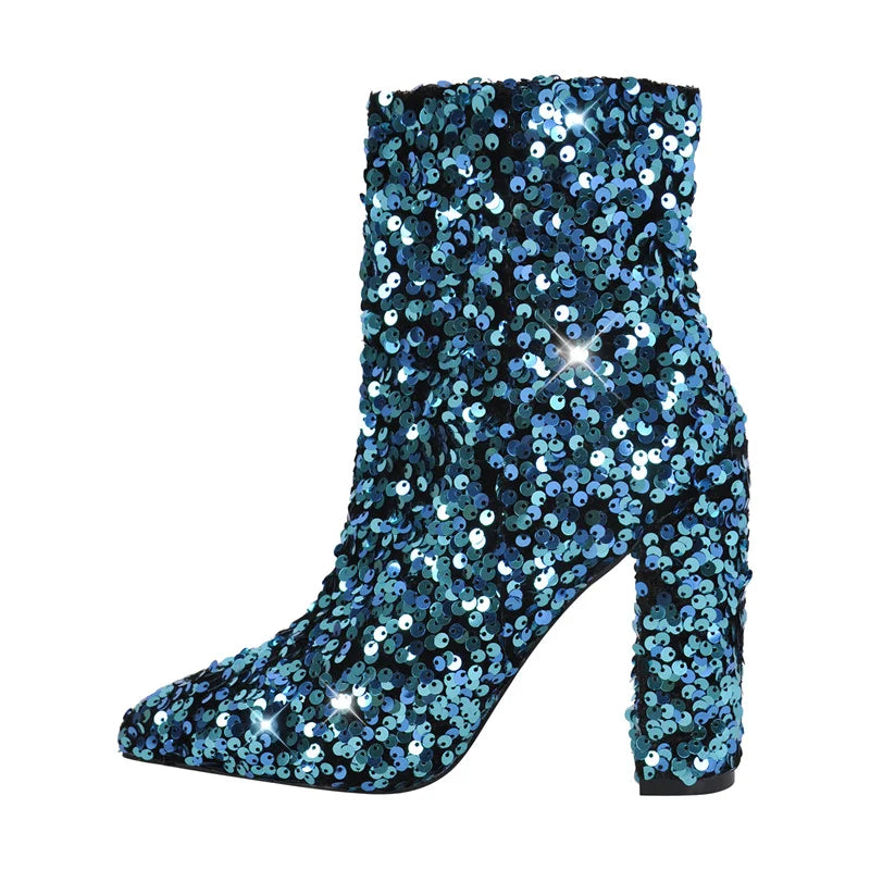 Sequined Pointed Toe Ankle Boots | Bling Chunky Heel | Extended Sizes EU 35–46