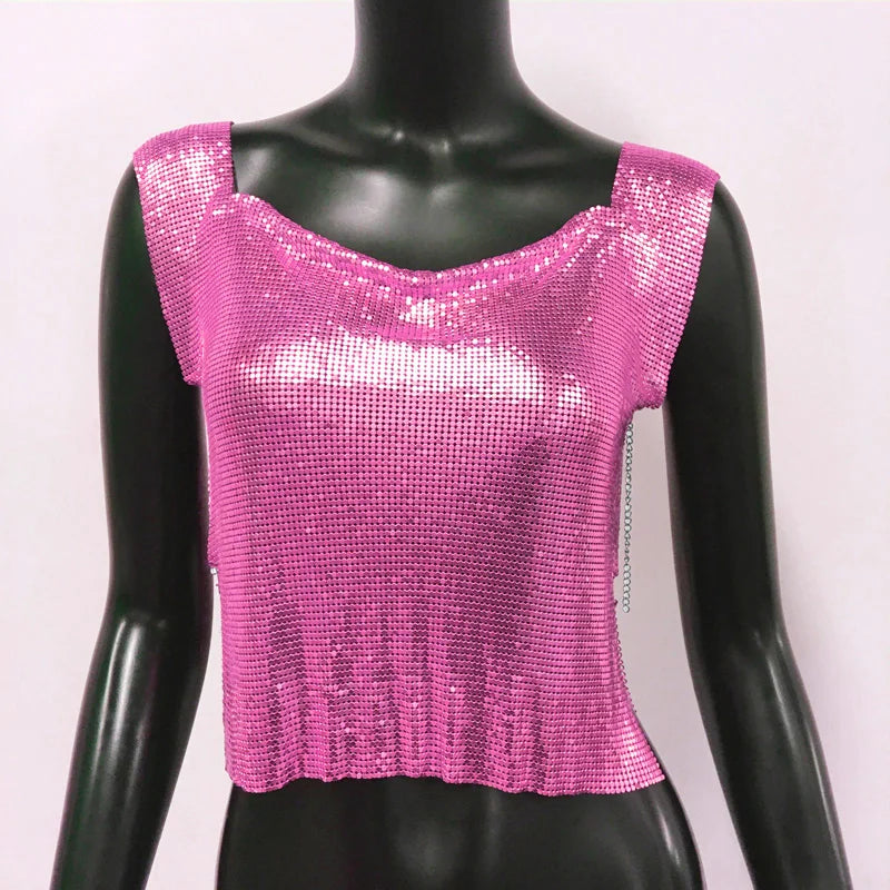 Sequin Backless Crop Top - Diamond Metal Party Tank
