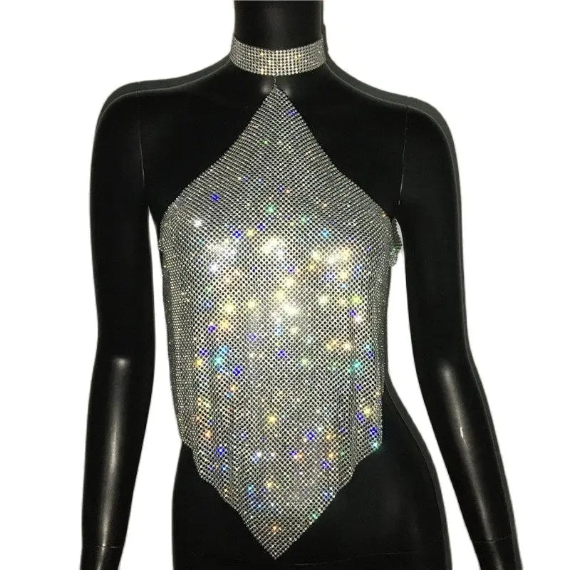 Crystal Rhinestone Halter Mesh Crop Top