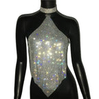 Crystal Rhinestone Halter Mesh Crop Top