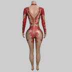 Rhinestone Print Bodycon Jumpsuit - Sparkly Spandex Catsuit for Club & Stage