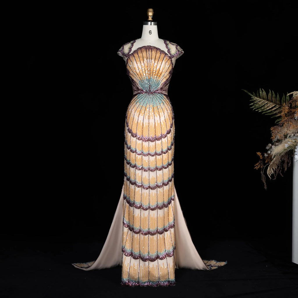 Beaded Strapless Gown | Layered Skirt & Jacket Option | Gold & Purple