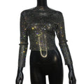 Rhinestone Fishnet Mesh Long Sleeve Top - Sheer Starlight Party Tee