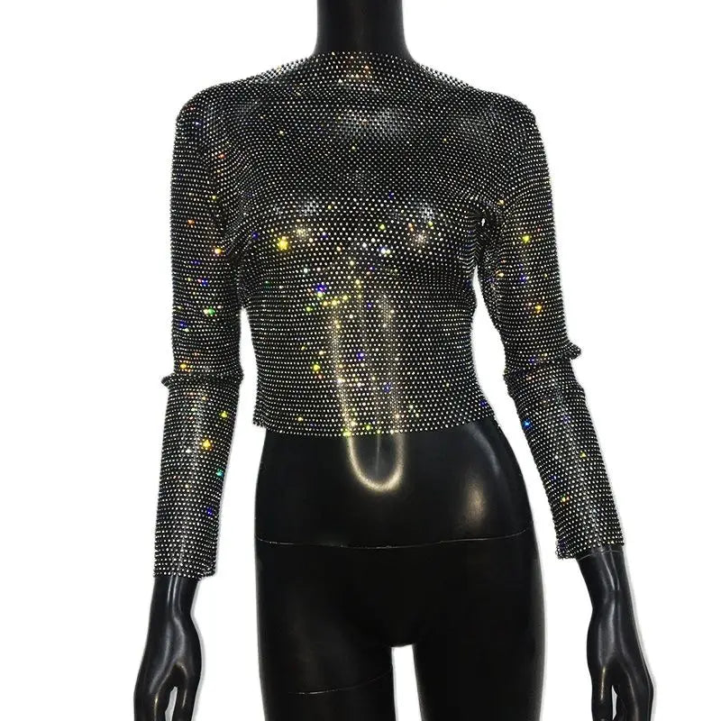 Rhinestone Fishnet Mesh Long Sleeve Top - Sheer Starlight Party Tee