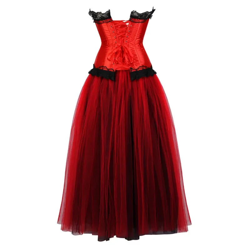 Red Satin Overbust Corset Dress | Black Lace & Tulle | Burlesque & Victorian | XXS–7XL