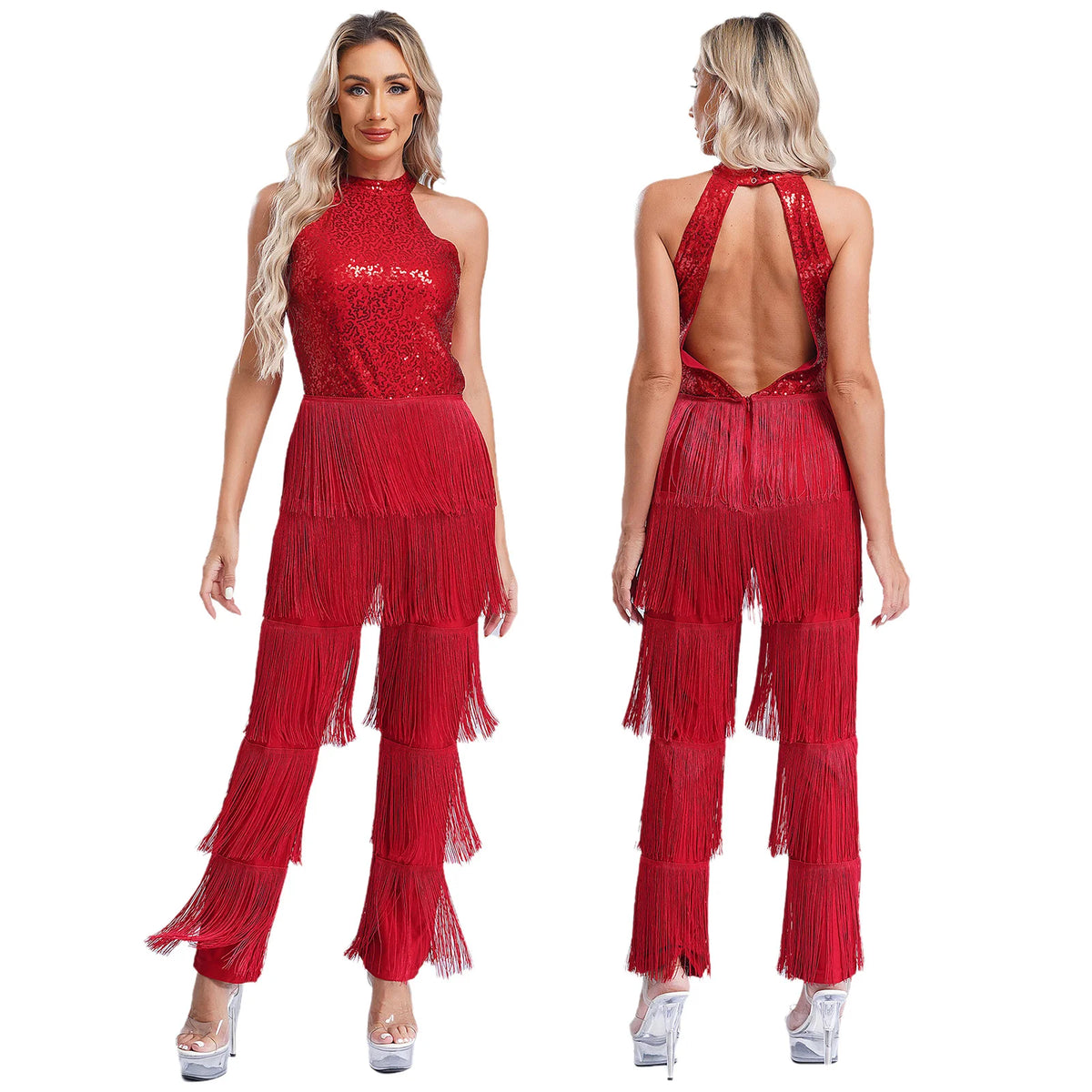 Sequin Tassel Jumpsuit | Halter Neck | Latin Dance