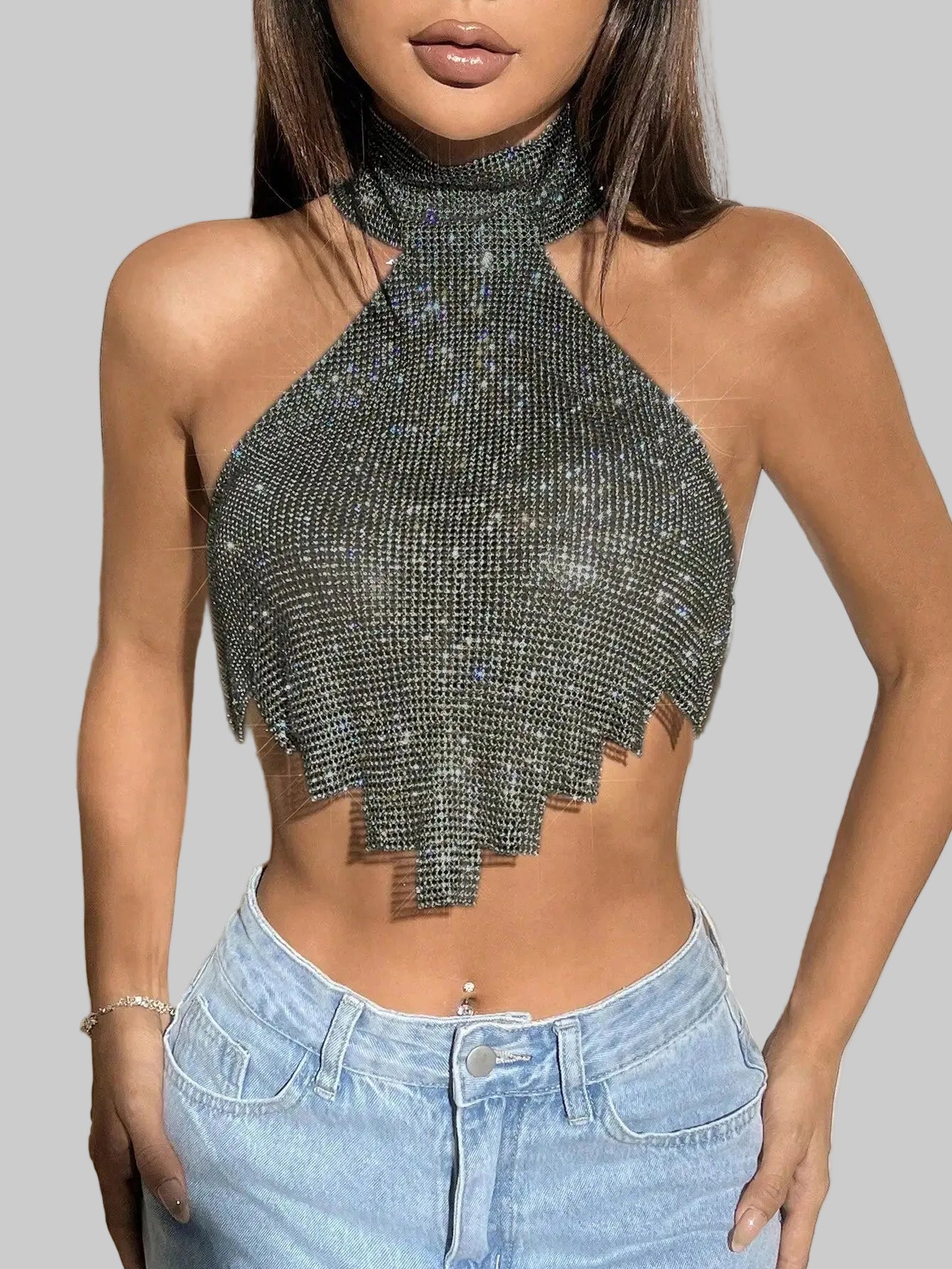 Rhinestone Off-Shoulder Halter Camisole - Backless Crop Top