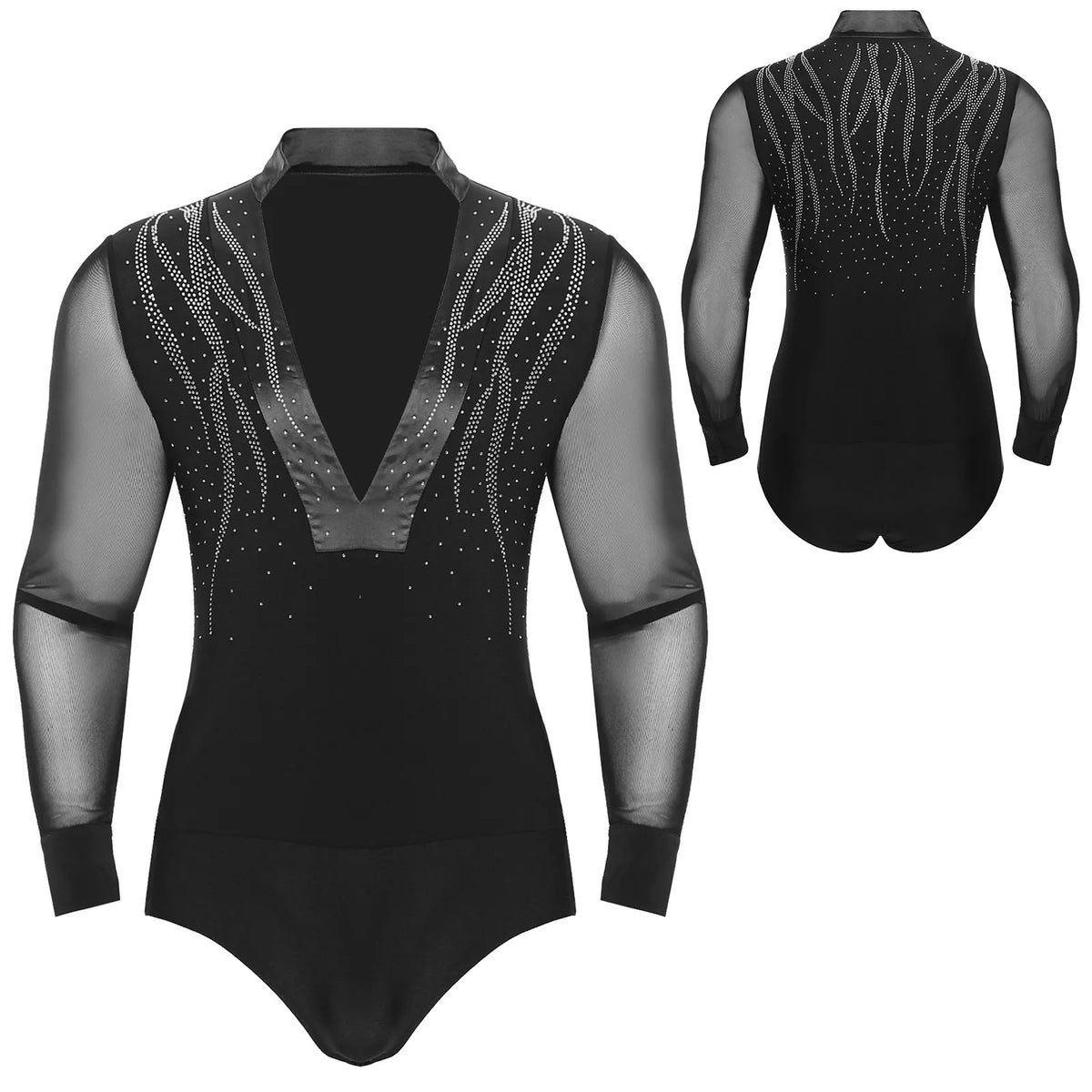 Men's Sheer Mesh Long Sleeve Bodysuit | Deep V Rhinestone | Latin Ballroom Dance