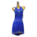 Blue Rhinestone Latin Dance Dress with Tassel Details