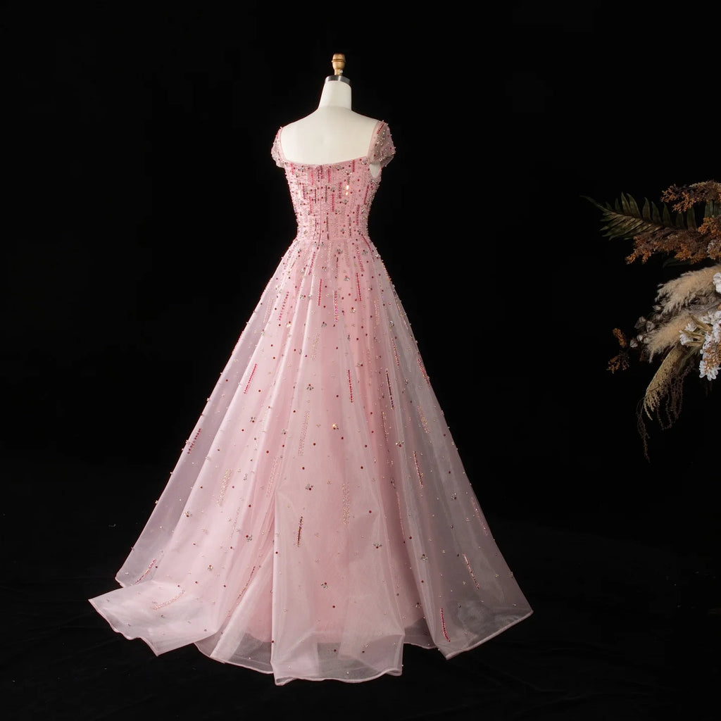 Crystal Beaded Cap Sleeve A-Line Pageant Gown | Square Neck | Pink