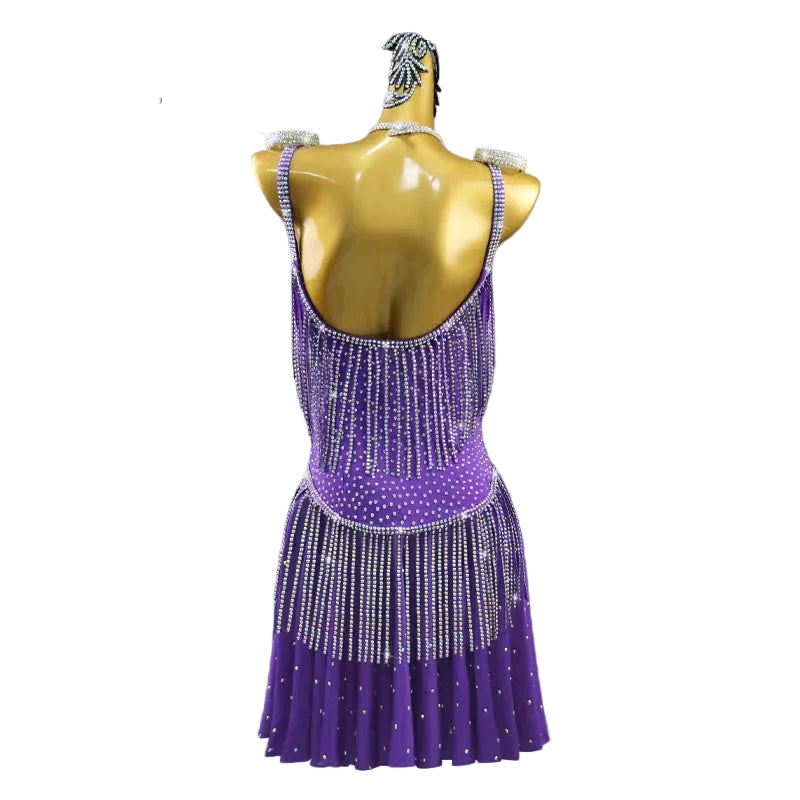 Purple Rhinestone Tassel Latin Dance Dress with Accessories Set — Premium Competition