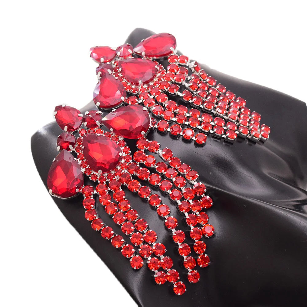 Crystal Rhinestone Tassel Drop Earrings | 12cm | Crystal, AB & Red