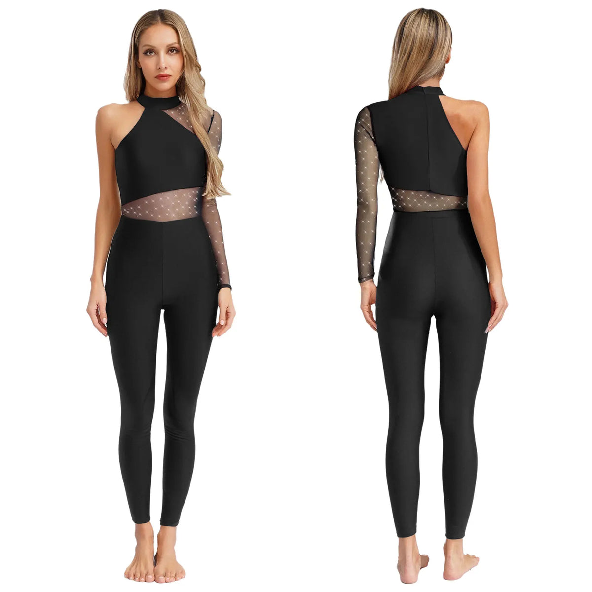 One Shoulder Rhinestone Mesh Jumpsuit | Dance Unitard