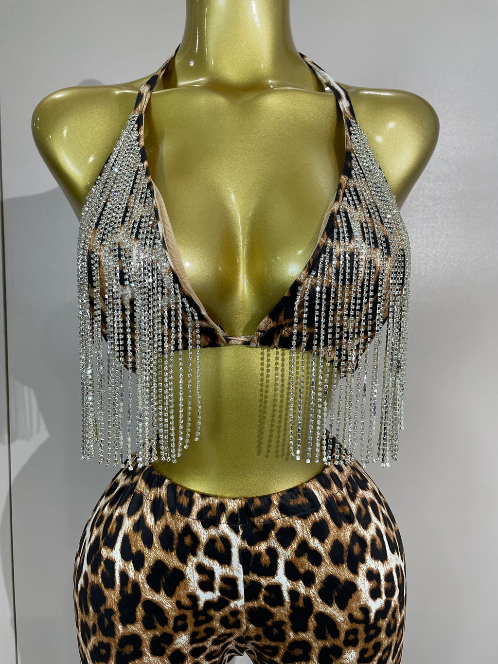 Leopard Rhinestone Chain Two-Piece Set | Crop Top & Pants