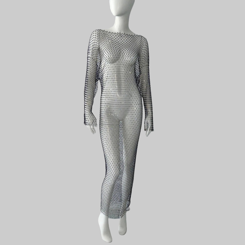 Rhinestone Fishnet Maxi Dress - See-Through Mesh Evening Dress