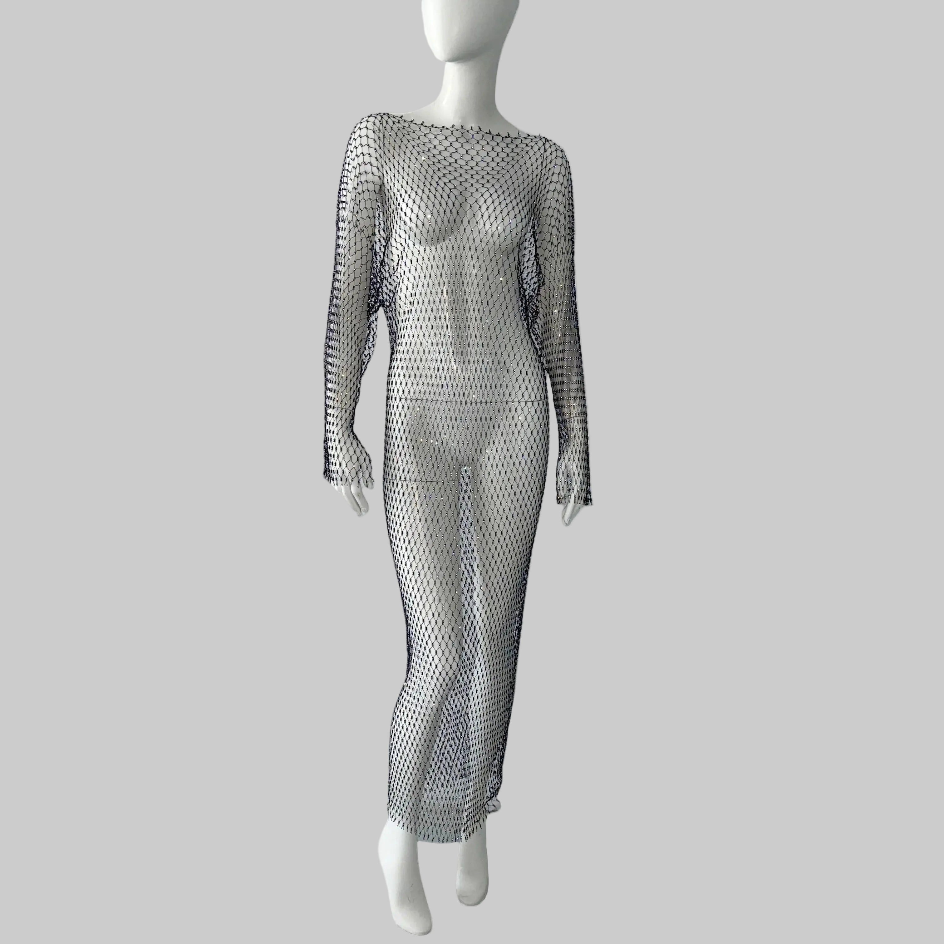 Rhinestone Fishnet Maxi Dress - See-Through Mesh Evening Dress