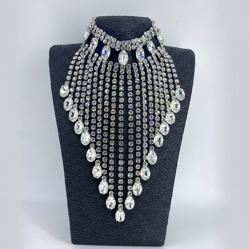 Rhinestone Tassel Necklace - AB Crystal Water Drop Statement Choker