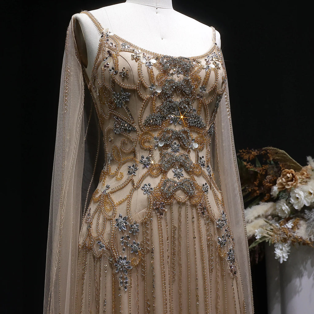 Crystal Beaded Cape Gown | Floral Bodice | Champagne & White