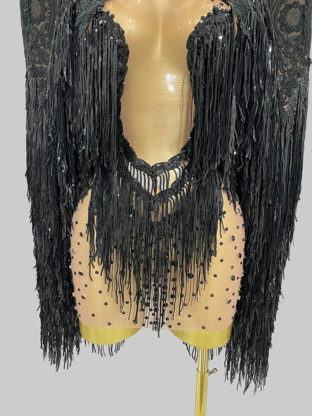 Sparkly Rhinestone Sequin Tassel Dress & Jacket — 2‑Piece Performance Set
