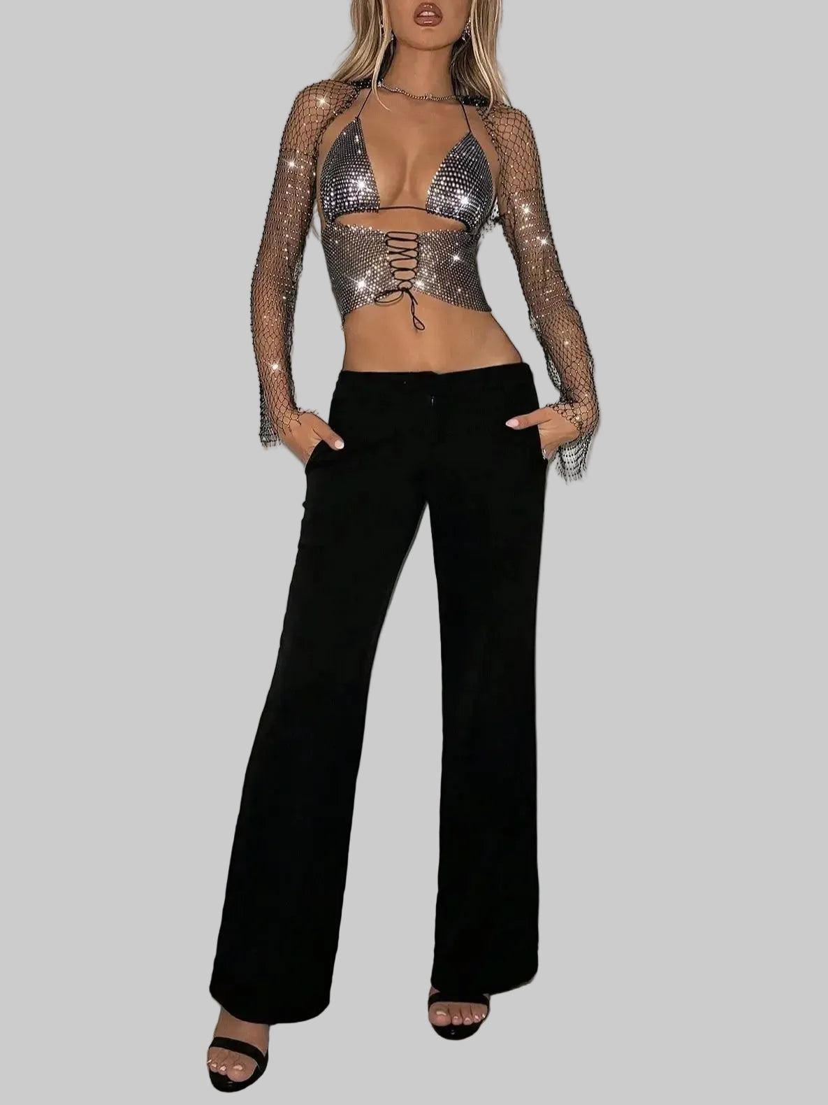 Rhinestone Mesh Halter Crop Top - Sheer V-Neck Fishnet Tee