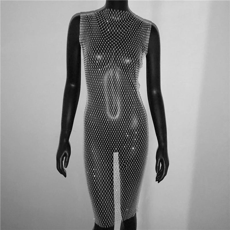 Rhinestone Fishnet Grid Mini Dress