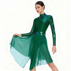 Women's Sequin Lyrical Dance Dress | Long Sleeve | Mesh Skirt