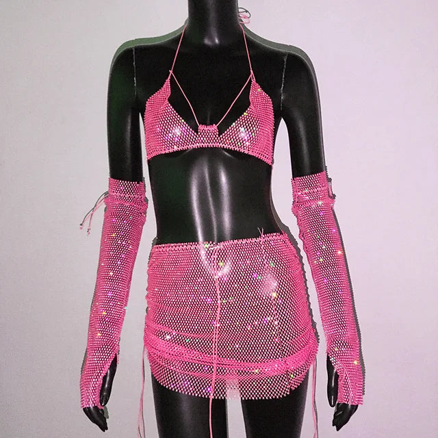 Rhinestone Three-Piece Set - Backless Crop Top, Skirt & Sleeves