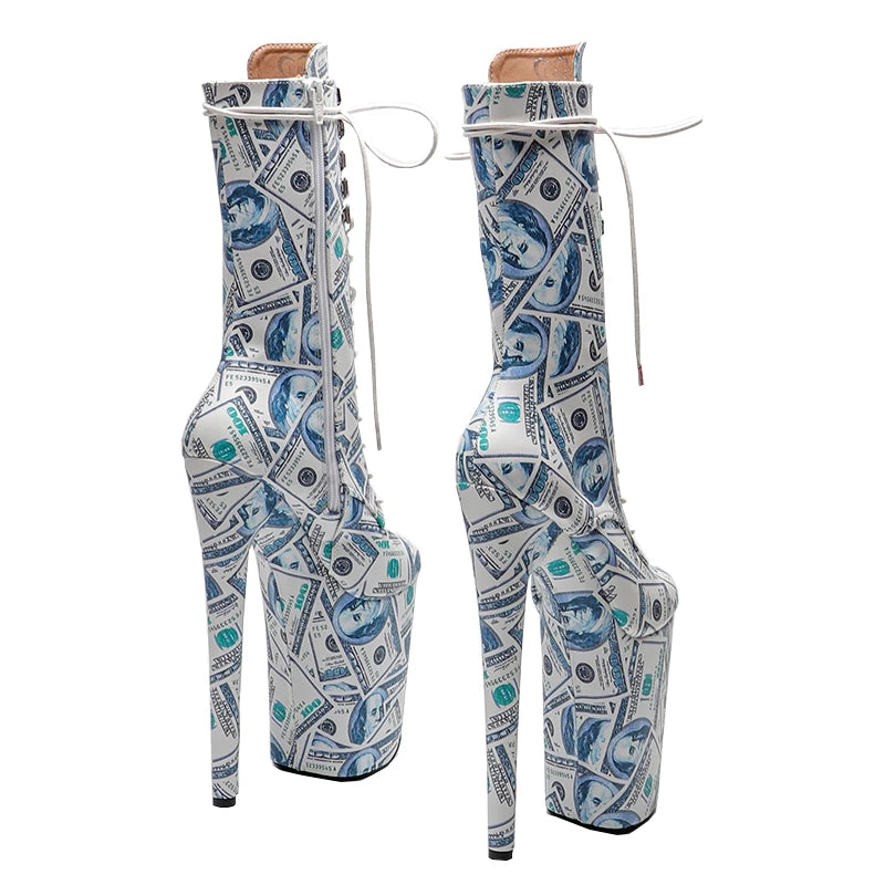 23CM Platform Ankle Boots - Dollar Print High Heel Pole Dance Boots