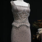 Crystal Beaded Column Pageant Gown | Square Neck | Champagne, Gray & Wine Red