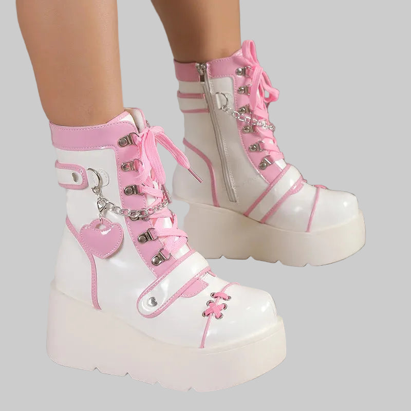 Chunky Platform Ankle Boots - Punk Wedge Heel Boots with Buckle Detail