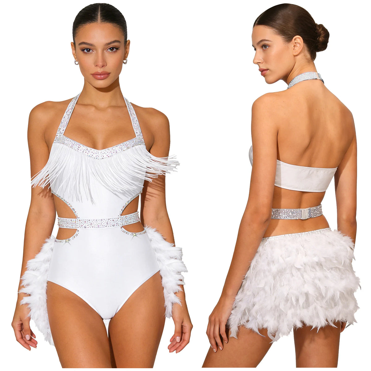 Dance Bodysuit | Rhinestones & Faux Feathers