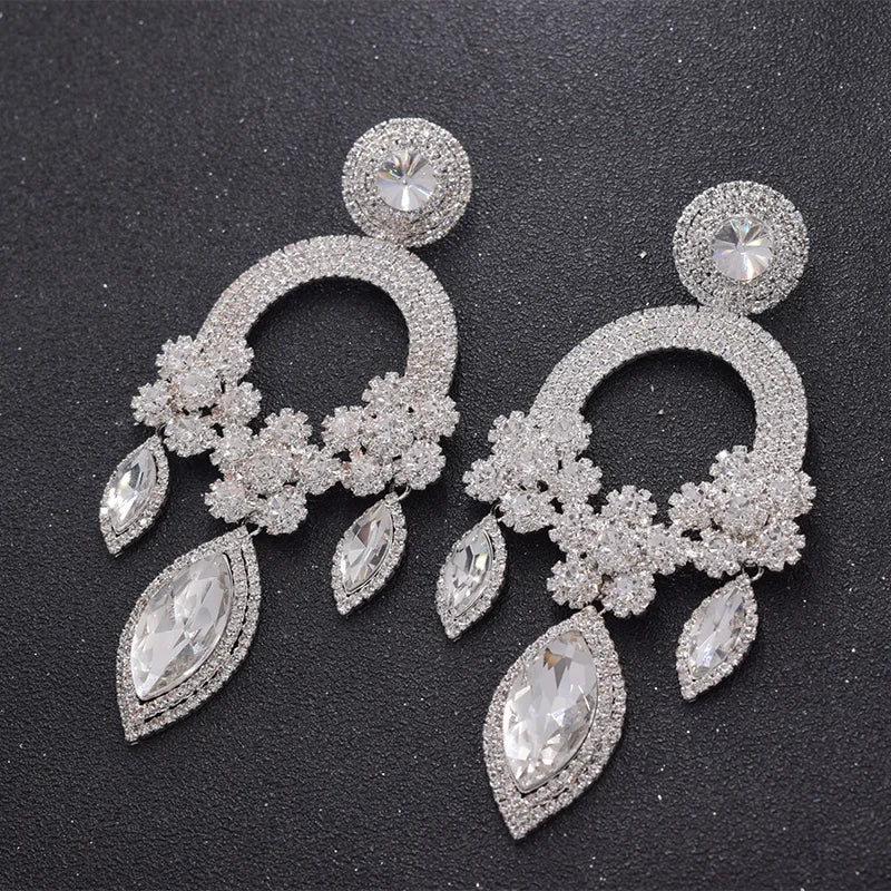 Oversized Crystal Drop Earrings | Rhinestone Pendant | Stage Jewelry