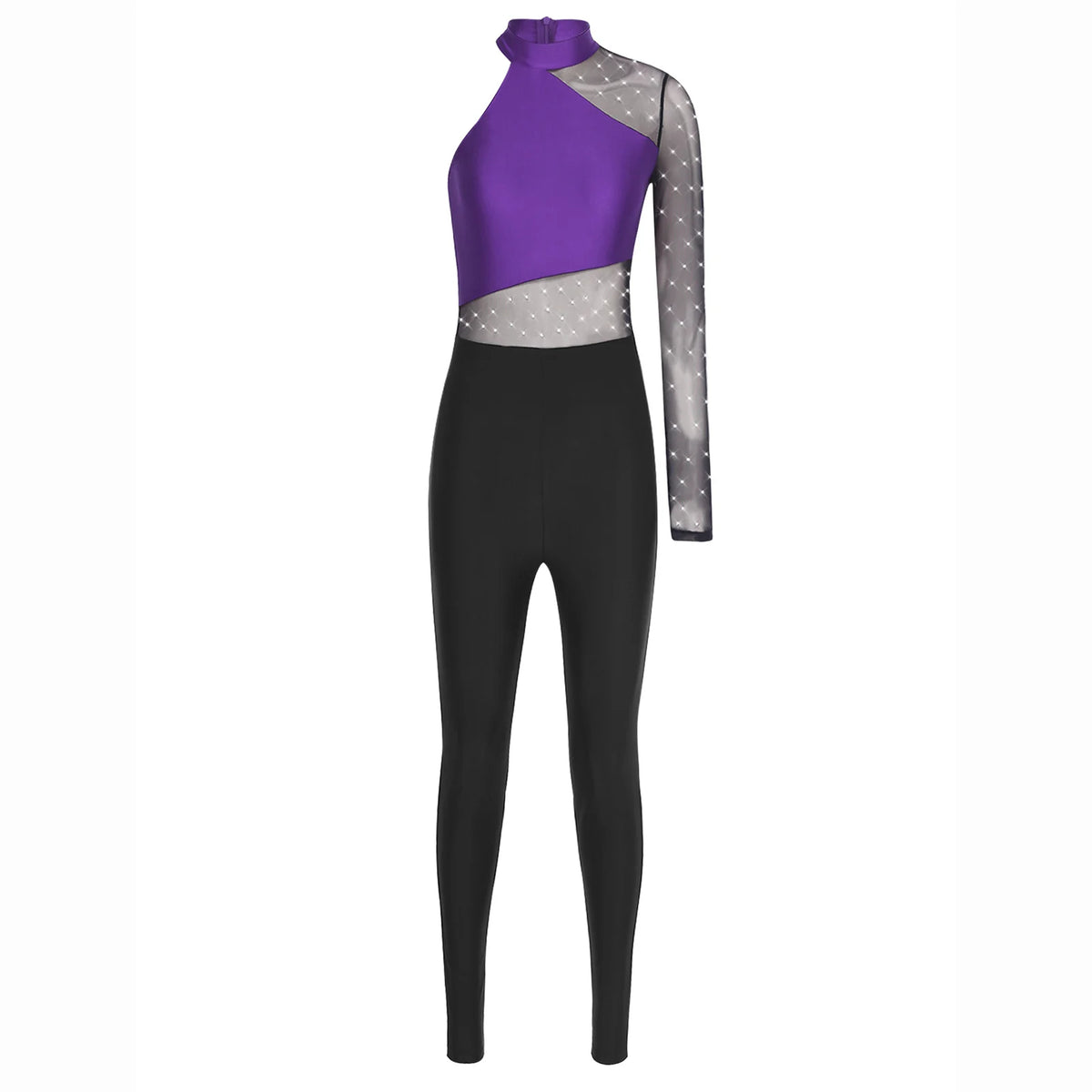 Women's Rhinestone Sheer Mesh Dance Jumpsuit | Mock Neck & One-Shoulder Styles | Gymnastics & Performance