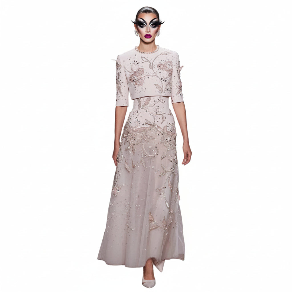 Beaded Pearl Two-Piece Gown | Half Sleeve A-Line | Blush Pink