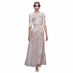 Beaded Pearl Two-Piece Gown | Half Sleeve A-Line | Blush Pink