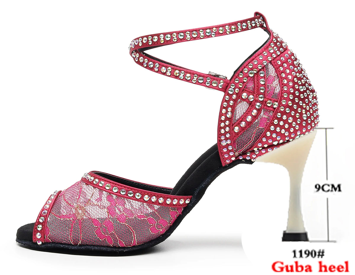 Rhinestone Lace Mesh Latin Dance Heels | Red & Green | 6–10cm