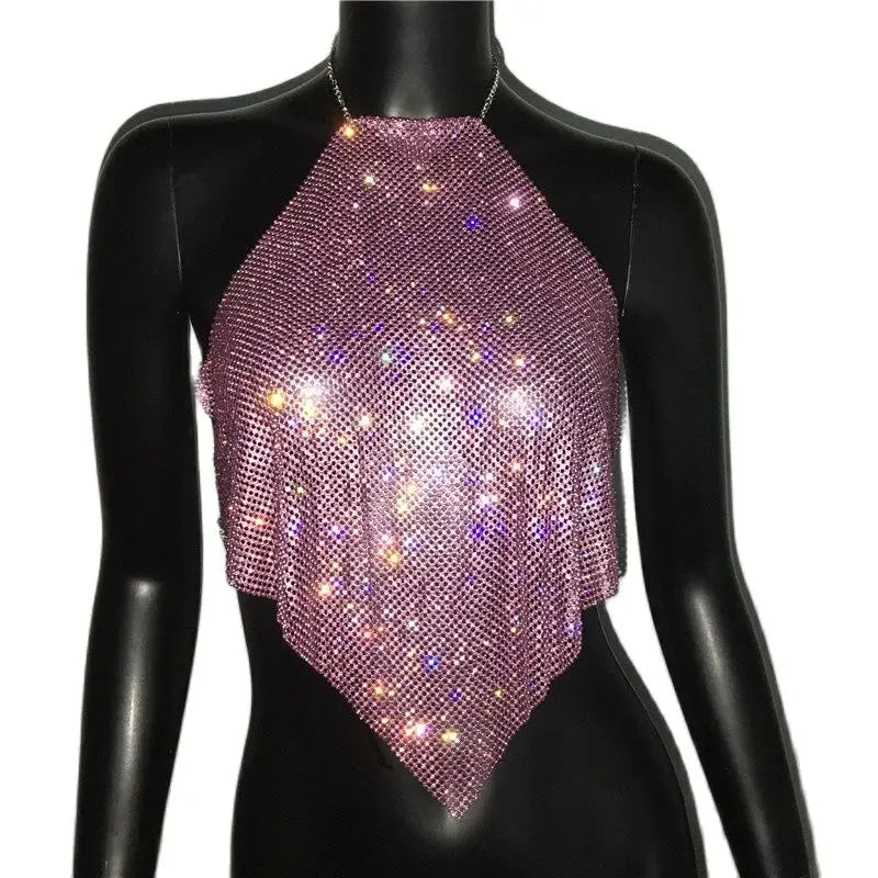 Diamond Grid Rhinestone Bralette - Backless Metal Chain Crop Top