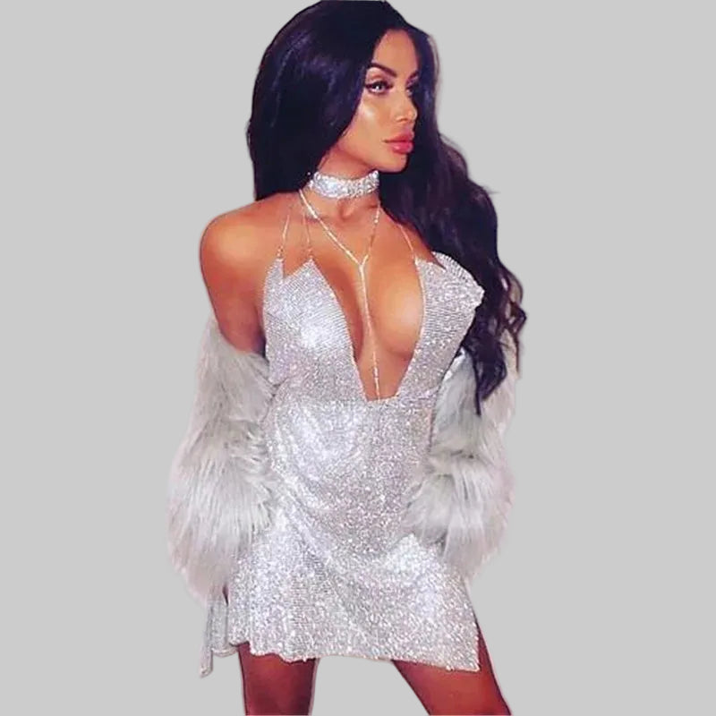 Sparkly Rhinestone Backless Halter Mini Dress - Metal Chain Party Dress
