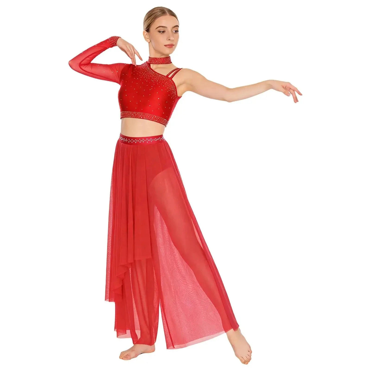 Rhinestone Crop Top & Wide-Leg Split Pants Set | One Shoulder | Lyrical Modern Dance