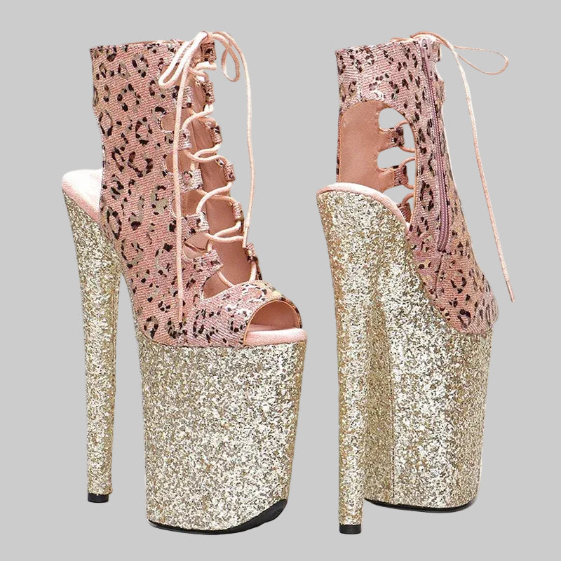 Leopard Glitter 9-Inch Platform Open-Toe Pole Dance Boots