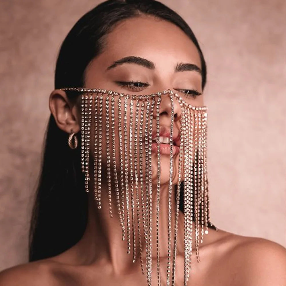 Dazzling Rhinestone Fringe Face Mask - Showgirl, Festival & Performance Accessory