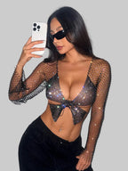 Rhinestone Mesh Long Sleeve Crop Top - Backless Sheer Cover-Up