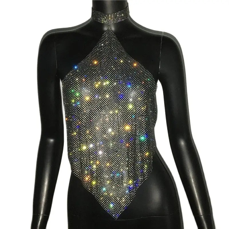 Crystal Rhinestone Halter Mesh Crop Top