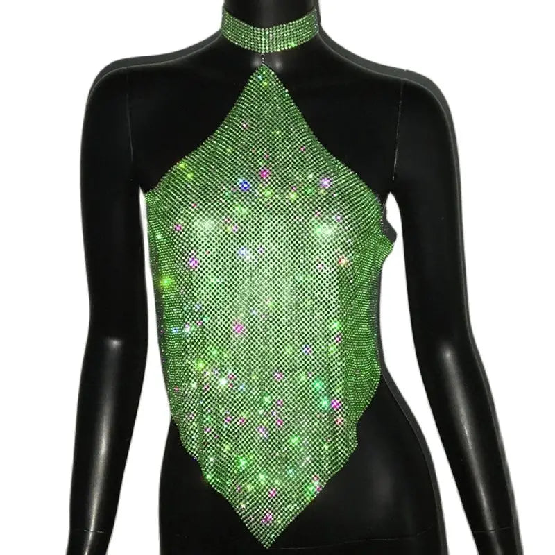 Crystal Rhinestone Halter Mesh Crop Top