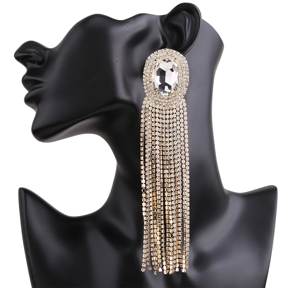Long Rhinestone Drop Earrings | Clip or Pin