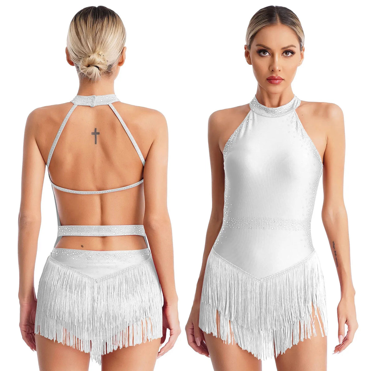 Rhinestone Tassel Latin Leotard | Halter Neck | Backless | Fringe Skirt