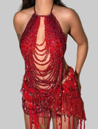 "Crimson Cascade" Beaded Fringe Halter Top - Performance, Festival & Showgirl Top