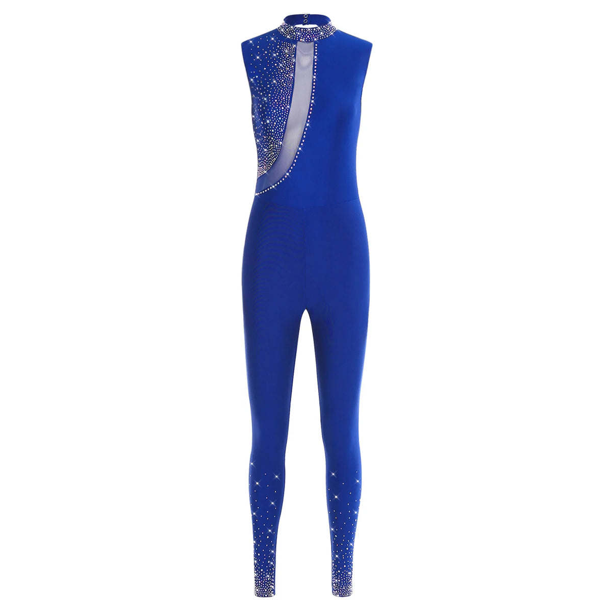 Women's Rhinestone Gymnastics Unitard | Mesh Patchwork & Asymmetric Shoulder | Performance Jumpsuit