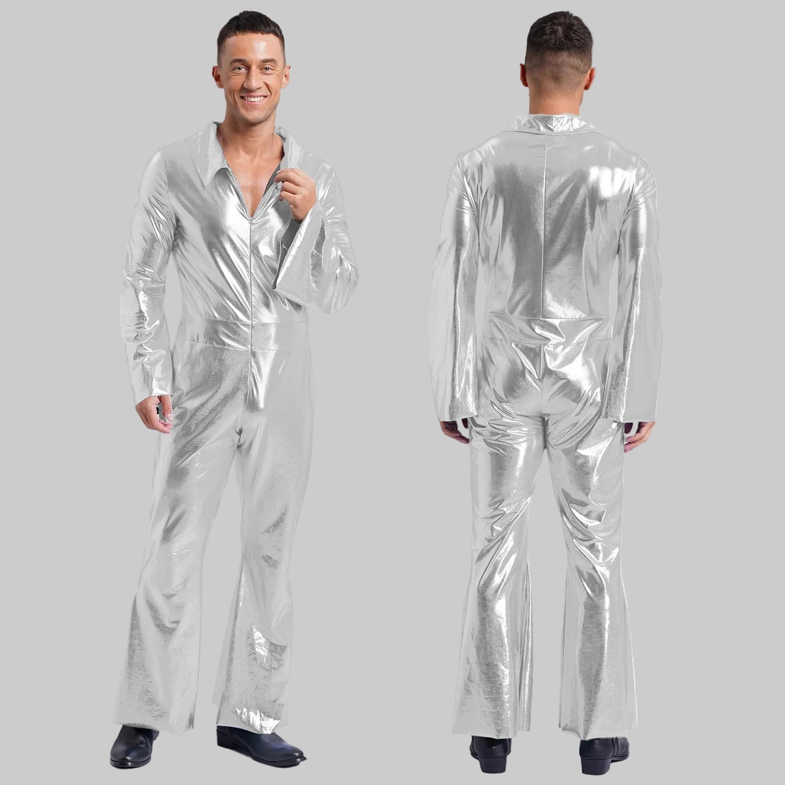Men's 80s Disco Metallic Jumpsuit - Bell Bottom Performance Romper
